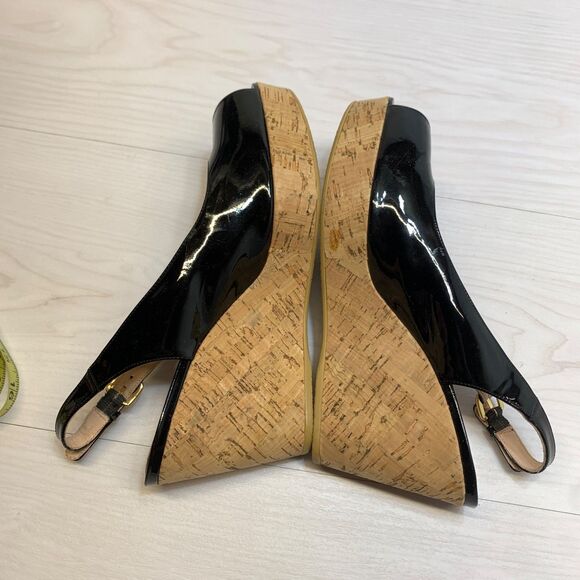 Stuart Weitzman Womens 11M Riveria Sandals Black Patent Leather Slingback Wedge - Picture 3 of 10